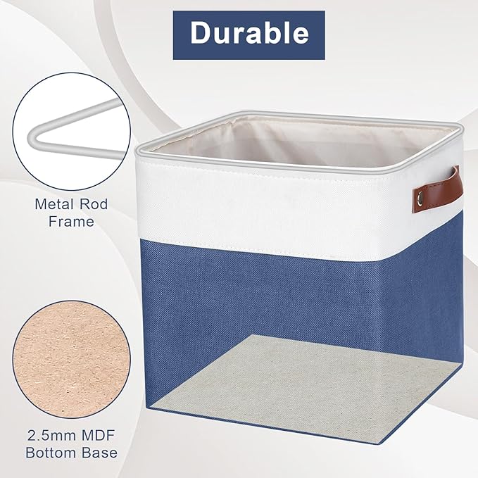 Collapsible Fabric Storage Cubes 11x11 Cube Storage Bins, 4 Pack Closet Baskets Box with Handles for Organizing, Shelf, Toys, Clothes, Home, Office, Nursery (Navyblue&White)