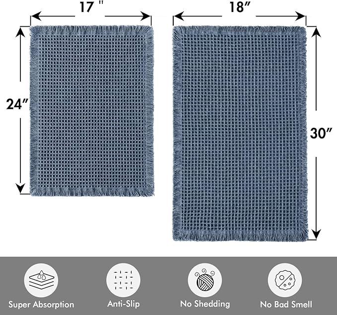 MIULEE Set of 2 Waffle Bathroom Rugs, Boho Bath Rugs Non Slip Washable, Super Absorbent Bath Mats, Ultra Soft Rubber Backed Shower Mats for Bathroom Floor, Tub, Blue, 17"x24"+18"x30"