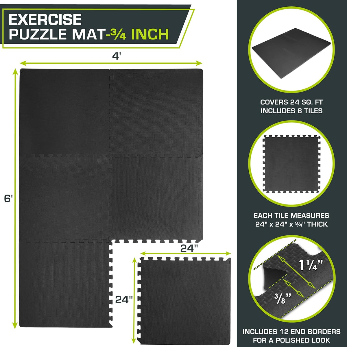 ProsourceFit Extra Thick Exercise Puzzle Mat - ¾-Inch EVA Foam Interlocking Tiles | Cushioned Flooring, Black, 24 SQ FT