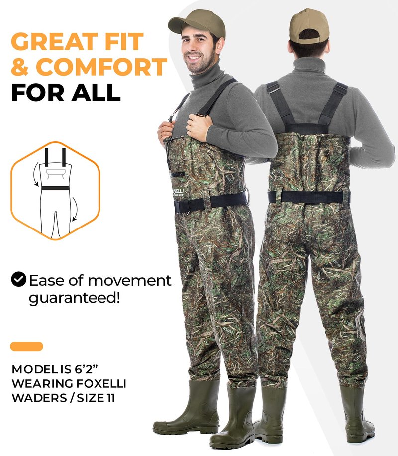 Foxelli Chest Waders – Waterproof 2-ply Nylon/PVC Camo Hunting Fishing Waders for Men and Women with Boots