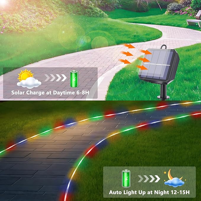 Solar Rope Lights, 33ft 100LED Solar String Lights, 8 Modes Waterproof Solar Powered Outdoor Light, Flexible Clear Tube Light for Garden, Backyard, Patio, Deck, Porch, Pool, Tree Decor - Multicolor