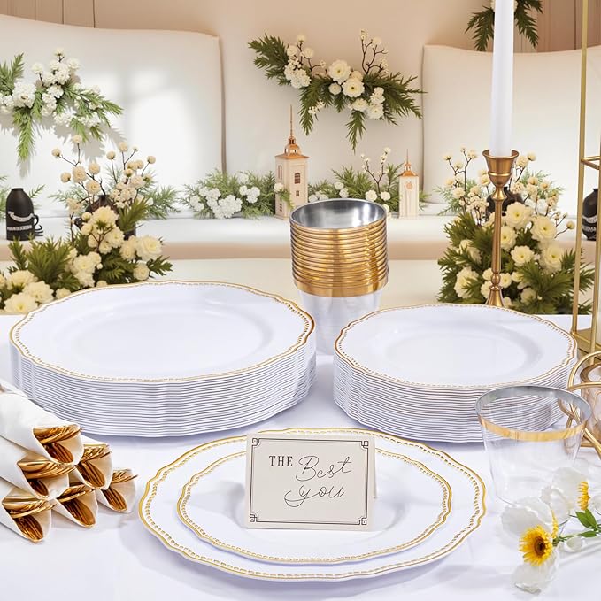 Hioasis 175pcs White and Gold Plastic Plates - Gold Plastic Dinnerware Set Includes 25 Dinner Plates, 25 Dessert Dinnerware, 25 Cups, 25 Rolled Napkin Cutlery Perfect for Wedding & Party