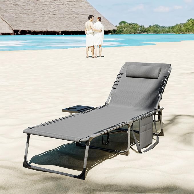 Outsunny Folding Chaise Lounge Chair Outdoor Tanning Chair with Side Table, 5-Level Adjustable Beach Lounge Chair with Headrest, Side Pocket for Patio, Backyard, Beach, Poolside, Gray