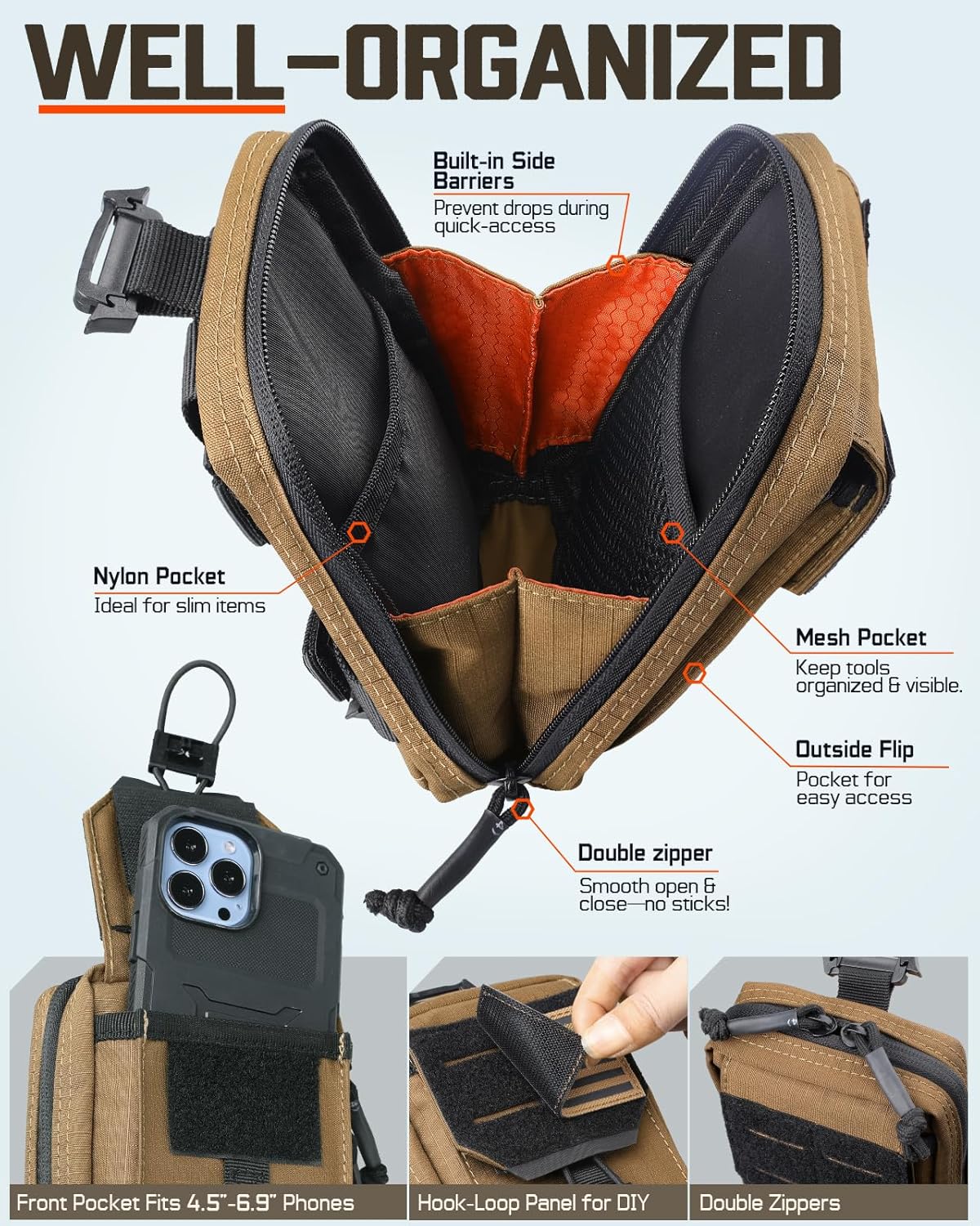 RXW Tactical Utility Phone Pouch - MOLLE EDC Tool Holster for Vests & Duty Belts | Fits 4.5"-6.9" Devices