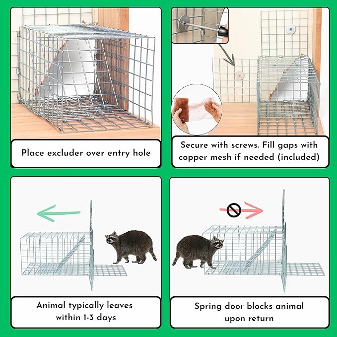 Animal One Way Exit Door - 6" Excluder Device for Raccoon, Squirrel, Skunk Trapped in Attic, Chimney, Under Deck – Eviction System with Installation Kit - Wildlife Pest Control Humane Animal Removal
