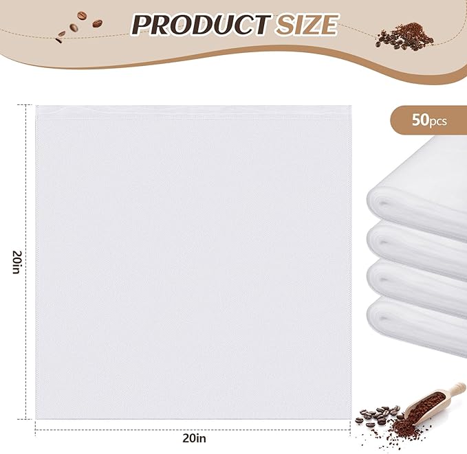 50 Pcs 20" x 20" Commercial Home Cold Brew Coffee Filter Bags with Drawstring, Disposable for Commercial Home Cold Brew Coffee Makers
