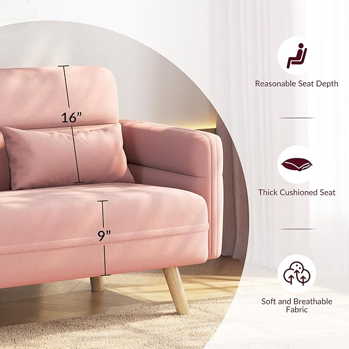 Yaheetech 46" Small Modern Fabric Sofa Loveseat Mid Century 2 Seater Sofa Couch with Lumbar Pillows, Solid Wood Legs for Living Room, Small Space, Dorm, Office, Bedroom, Pink