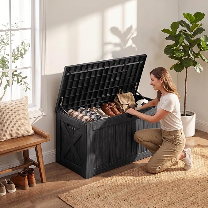 Flamaker Resin Deck Box 120 Gallon Waterproof Large Outdoor Indoor Storage Box Imitation Wood Resin for Patio Furniture Garden Tools and Pool (Black)