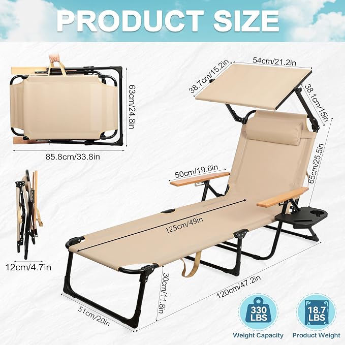 Outdoor Chaise Lounge Chair with 4-Position Adjustable Backrest,Patio Folding Sun Tanning Chair,Pillow & Cup Holder,Portable Recliner Sunbathing Lounger Chairs for Beach Garden (Beige with Shade)