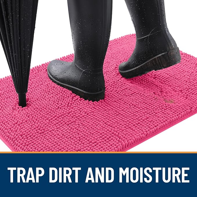 OLANLY Dog Door Mat for Muddy Paws 59x32, Absorbs Moisture and Dirt, Absorbent Non-Slip Washable Doormat, Quick Dry Chenille Mud Mat for Dogs, Entry Indoor Entryway Carpet for Inside Floor, Hot Pink