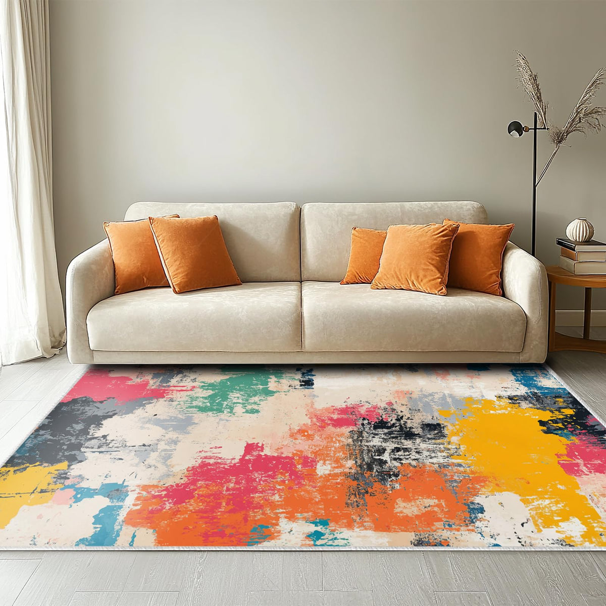 5x7 Colorful Area Rug Modern Abstract Beige Orange Yellow Pink Blue Black White Grey Rug Bedroom Low Pile Thin Large Carpet Living Room Non Slip Dining Room Stain Resistant Office Washable Machine