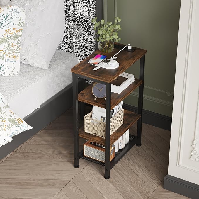Narrow Nightstand with 4-Tier Shelves, Small Side Table with Charging Station, Skinny Nightstand with Bookshelf, Thin End Table with USB Ports and Outlets, Bed Side Table for Bedroom, Home Office