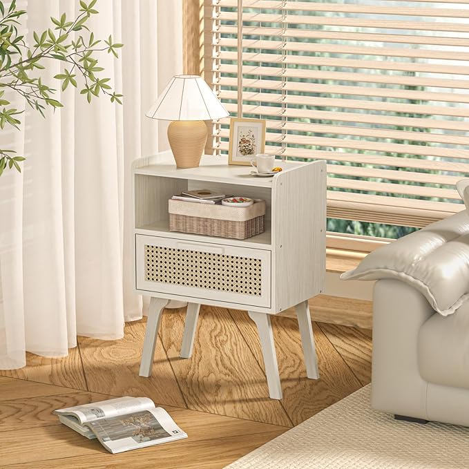 Lerliuo Rattan Nightstands Set of 2, Side Table with Drawer Open Shelf, Cane Accent Bedside End Table, Mid Century Modern Night Stand for Bedroom, Dorm and Small Spaces (Grey White)