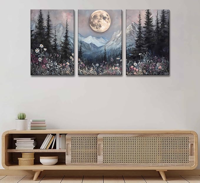 3Pcs Full Moon Forest Canvas Wall Art Moody Dark Forest Moonlit Pine Tree Mountains Wildflowers Wall Decor Wildflower Moon Poster Print Artwork for Bedroom Living Room Decoration