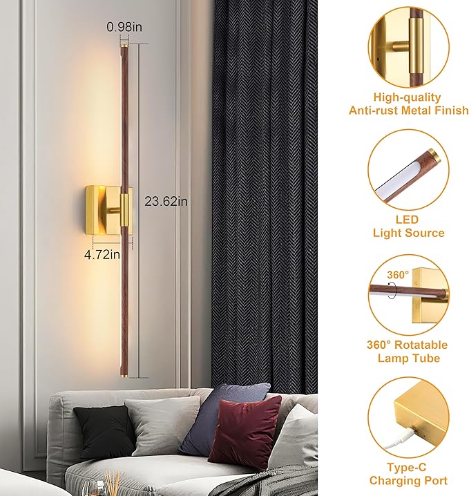 Morauroral 40″ Walnut Battery Operated Wall Sconces Set of Two, Dimmable Wall