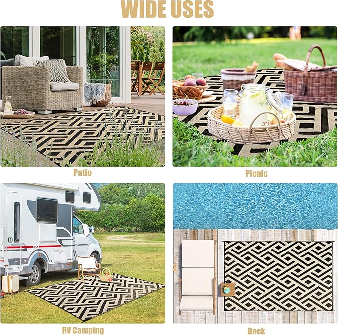 Terrug Outdoor Rug Waterproof 9x12 Ft, Foldable Outdoor Plastic Straw Rug, UV Reversible Patio Rug Decor, Outdoor Area Rug for Camping, RV, Porch, Deck, Backyard, Balcony, Picnic, Black & Beige