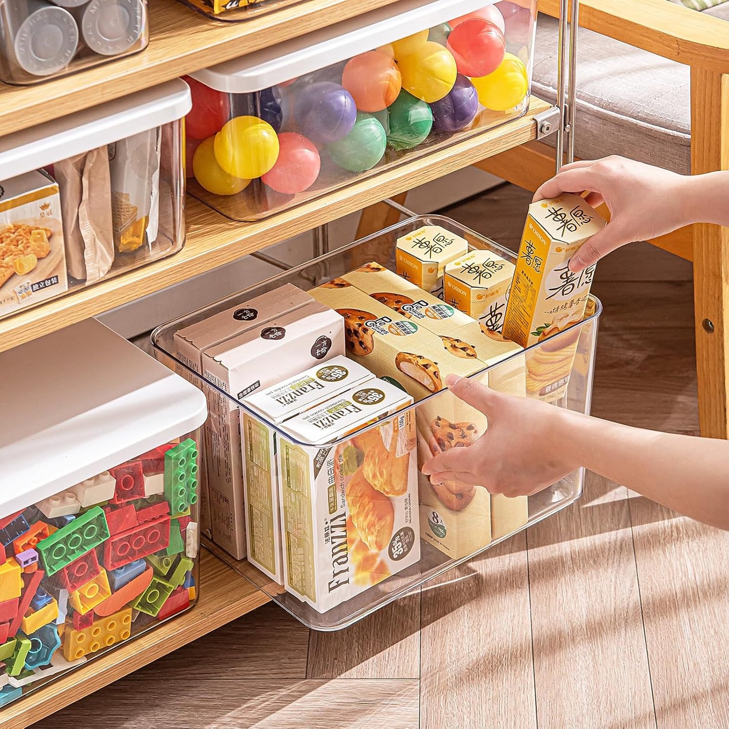 Clear plastic storage bins with LIDS-3packs,storage containers for snacks, cosmetics, books, dog food, Storage Organizer for Nursery，Kitchen, Living room,Bedroom, Bathroom, Office (Clear-White Lid)