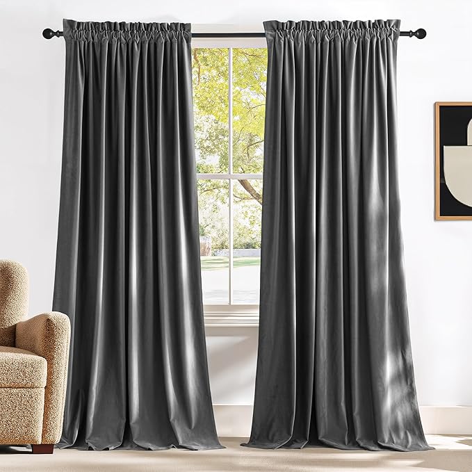 NICETOWN Grey Velvet Blackout Curtains 108 inches Long