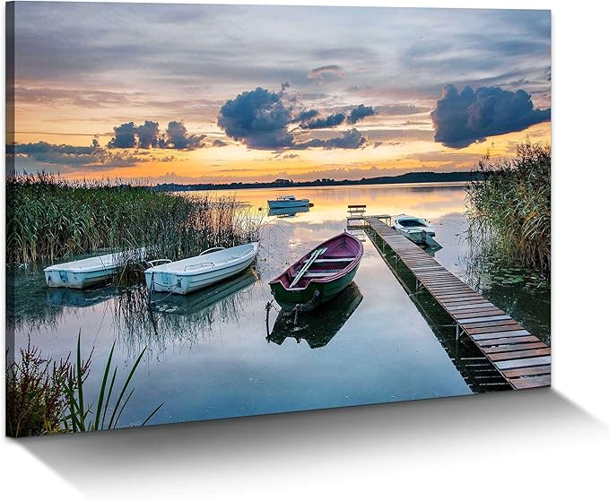 Lake Landscape Canvas Art: Modern Sunset Scene Wall Painting Natural Shore Long Pier Prints Colorful Wilderness Boat Picture Horizontal Mountain Reed Gallery Artwork for Bedroom Bathroom