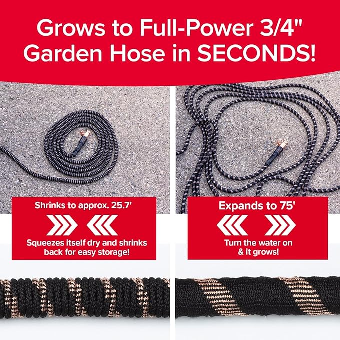 Pocket Hose 75 FT Copper Bullet Expandable Garden Hose w/10 Pattern Thumb Spray Nozzle AS SEEN ON TV 650psi 3/4 in Patented Lead-Free Ultra-Lightweight Solid Copper Anodized Aluminum