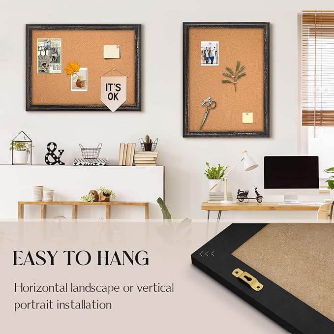 Cork Bulletin Board, Rustic Black Wooden Frame, Hanging Pin Board