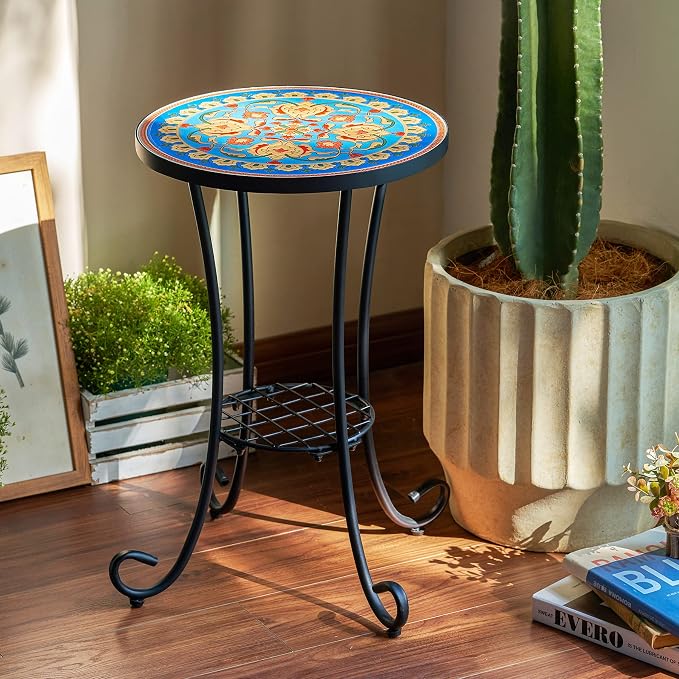 VONLUCE Patio Side Table and Plant Stand, 21" End Table with 14" Ceramic Tile Top for Porch Garden Decor, Indoor & Outdoor Accent Table, Living Room Bedroom Balcony Furniture for Home Garden, Faberge