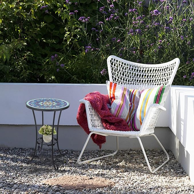 VCUTEKA Outdoor Side Table Mosaic Patio Table Accent Tables Mosaic Tile Top Metal Frame Small End Tables Porch Beach Patio Garden Balcony Peacock Feather 14''
