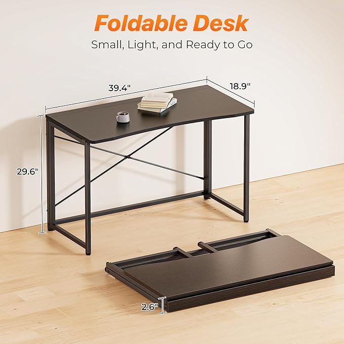 Huuger Folding Desk for Small Spaces, 39.3 Inch Foldable Computer Table, for Home Office, Study, Bedroom, Dorm, Space Saving, Small Writing Work Office Computer Desk, Easy to Fold, Black