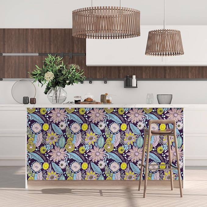 Purple Boho Wallpaper Peel and Stick, Vintage Yellow Floral Contact Paper