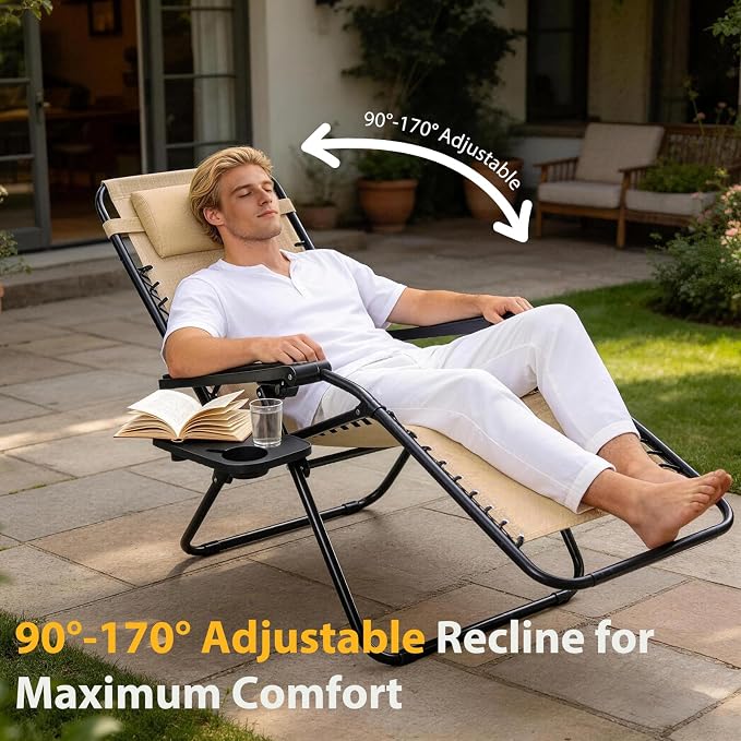 NEWBULIG Zero Gravity Chairs Set of 2, Lounge Chair Folding Portable Adjustable Camping Recliner with Adjustable Pollow, Mesh Back, Cup Holder Trays Lawn Patio Chair for Pool Beach
