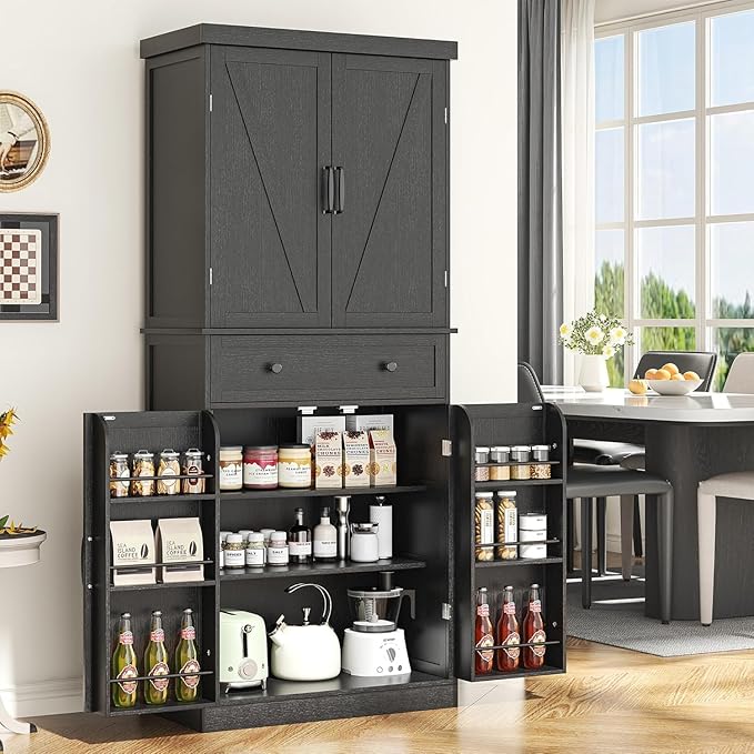 72" Tall Kitchen Pantry Cabinet, Black Pantry Storage Cabinet with Adjustable Shelves, Barn Doors and Drawer, Farmhouse Cupboard for Kitchen, Dining Room, Bathroom (16" D x 30" W x 72" H)