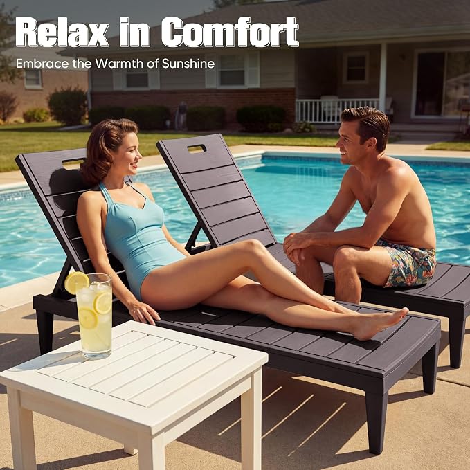 Devoko Outdoor Chaise Lounge Chair Set of 2 with 5-Position Adjustable Back, Waterproof & Lightweight PP Lounge Chairs for Outside Pool Patio (Deep Brown)