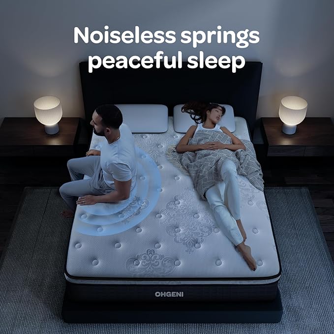 OhGeni 14 Inch Cooling Queen Size Mattress, Hybrid Gel-Infused Memory Foam Bed Mattresses in a Box, Medium Feel Cool Top Fabric, Individual Pocket Innerspring, 3-Zone Design & Reinforced Edge Support