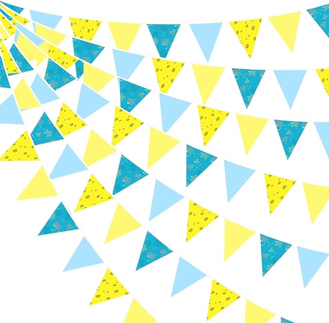 32Ft Cartoon Sponge Party Decorations Yellow Blue Flowers and Bubble Printed Triangle Flag Pennant Banner Fabric Garland Streamer for Kids Sponge Birthday Crtoon Baby Shower Party Decor