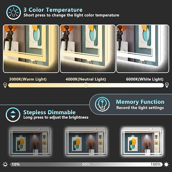 48x28 LED Bathroom Mirror with Lights, Backlit and Front Lit Anti-Fog Lighted