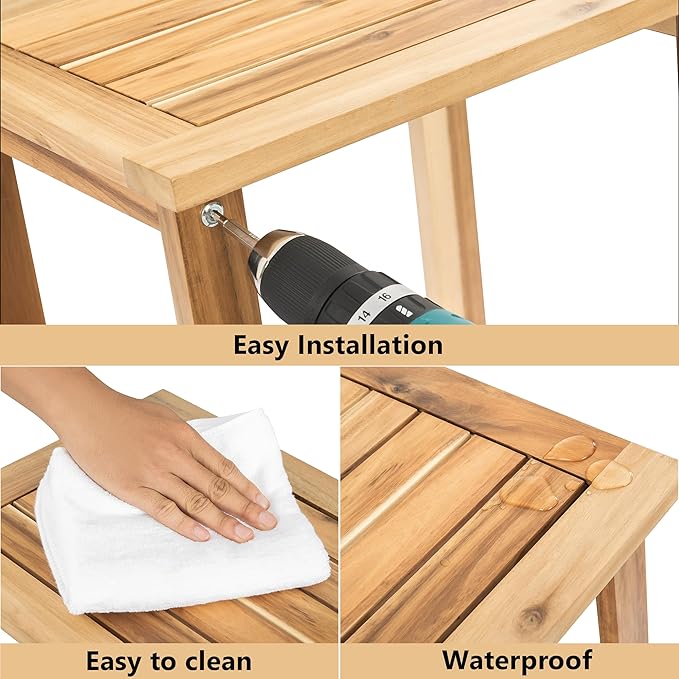 VICTORY RELAX Solid Acacia Wood Side Table with 2-Tier Storage, Weather-Resistant Outdoor Indoor End Table, Light Natural Rustic Color Night Stand