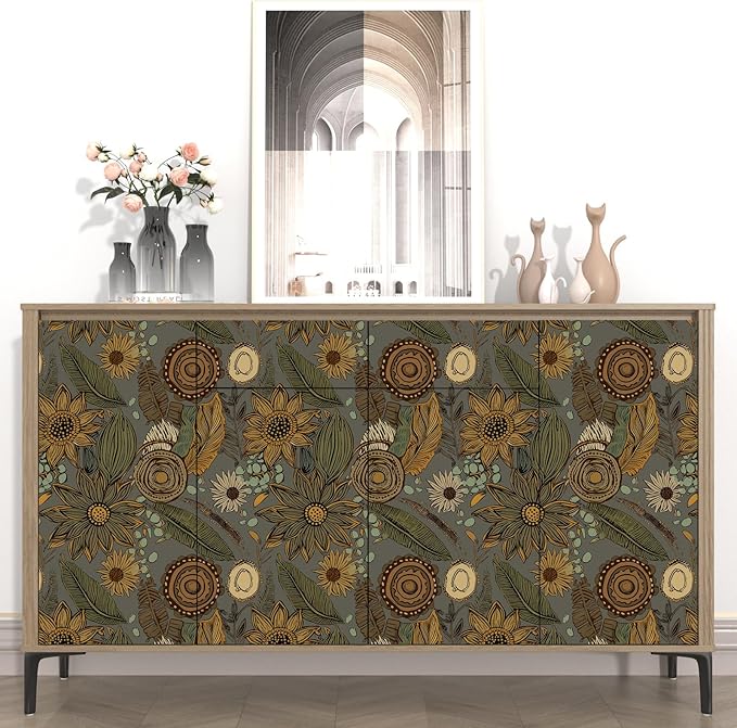 Grey Boho Wallpaper Peel and Stick, Vintage Green Yellow Floral Contact Paper