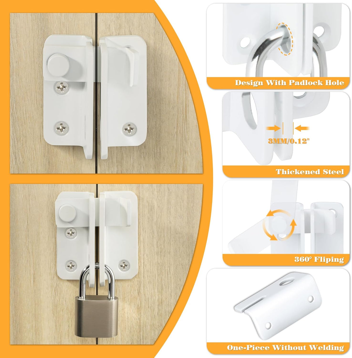Alise Flip Latch Gate Latch Shed Lock Shed Latch Barn Door Lock Locking Latches for Barn Fence Cabinet Garden Garage Window Pet Dog Cage,Stainless Steel Shed Door Latch Barn Door Lock,White,L-Size