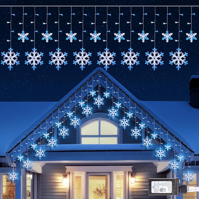 Minetom Christmas Snowflake Lights - 13ft 192LED Snowflake Icicle Lights with 16 Drops, 12 Modes and Timer, IP65 Waterproof Connectable Christmas Light for House Eave Window Indoor Outdoor Decoration