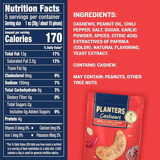 PLANTERS Garlic Chili Crisp Cashews, 5oz Bag (Pack of 4)