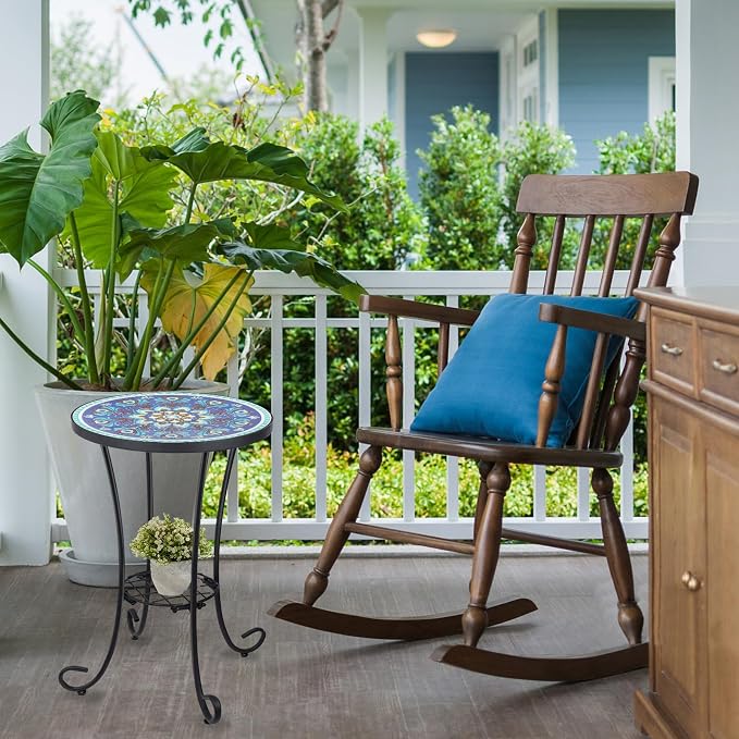 VCUTEKA Outdoor Side Table Mosaic Patio Table Accent Tables Mosaic Tile Top Metal Frame Small End Tables Porch Beach Patio Garden Balcony Peacock Feather 14''