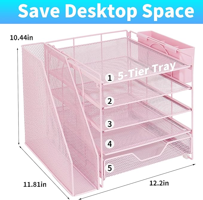 Desk Organizer, 5-Tier Paper Letter Tray Organizer with File Holder, Drawer and Pen Holder, Desktop Organizer for Office Supplies, Pink