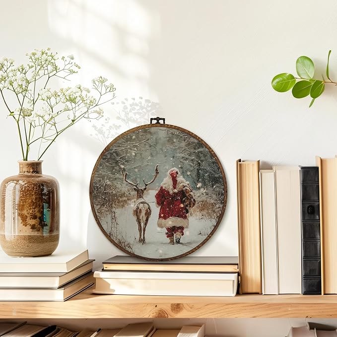 MOTERMATE Christmas Santa Reindeer Wall Art Decor Round Framed, Christmas Canvas Wall Art Artwork Prints, Rustic Snowy Xmas Santa Reindeer Hanging Decor Decorations for Home Living Room, 10x10 Inch