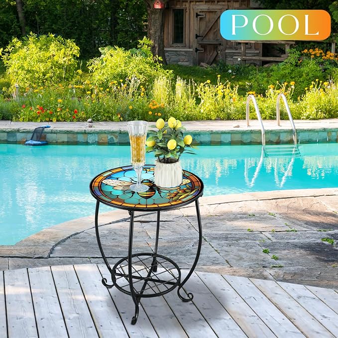 Cinnvoice Outdoor Side Table Round Small Mosaic Patio Accent Indoor End Plant Coffee Tea Table for Yard Patio Porch Garden Living Room, Bedroom(Bee Style,14 Inch)