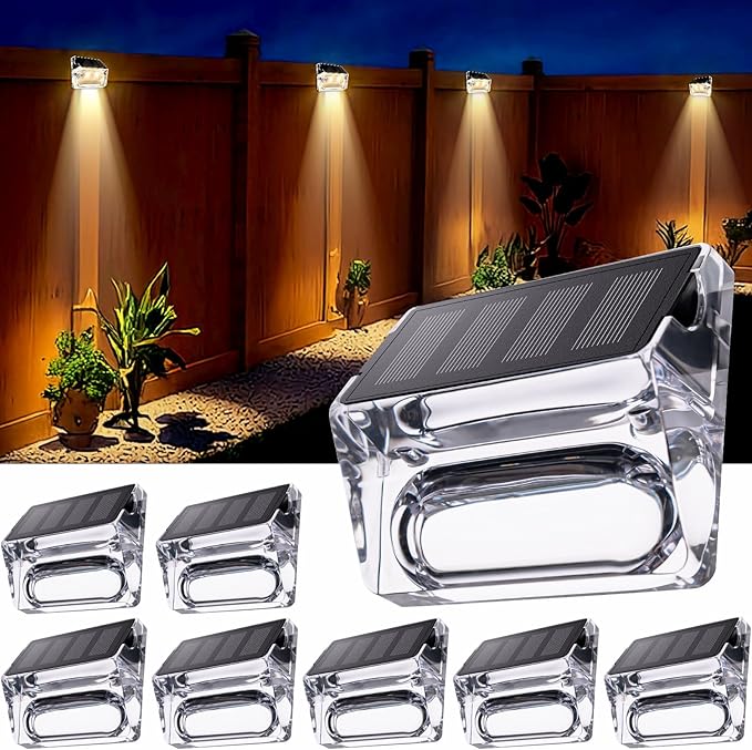 Qualdout Solar Outdoor Lights 8 Pack, Solar Fence Deck Lights, Waterproof Powered Outside Lighting for Step Railing Wall Pool Stair Yard Garden Patio Decorations