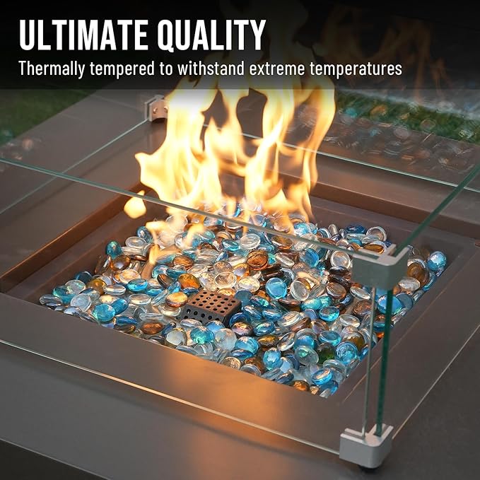 Skyflame 10-Pound Blended Fire Glass Beads for Fire Pit Fireplace Landscaping, 1/2-Inch High Luster Caribbean Blue, Crystal Ice, Caramel