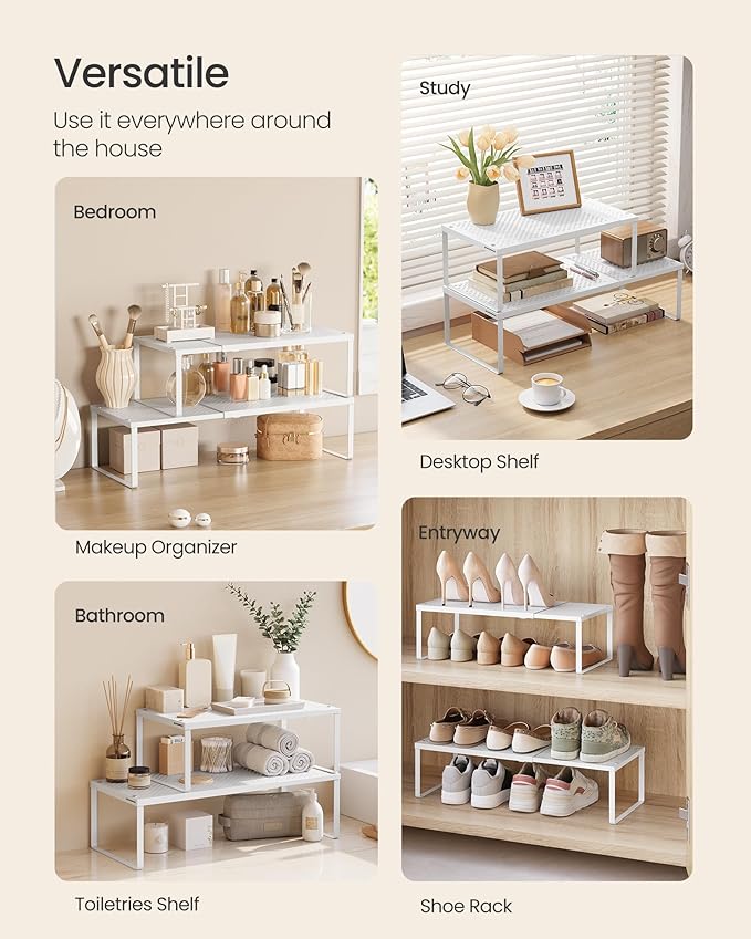 SONGMICS Spice Racks, Set of 4 Expandable Kitchen Countertop Shelves, Small Cupboard Organizers, Metal, Space-Saving Tabletop Shelves, Matte White UKCS404WC01