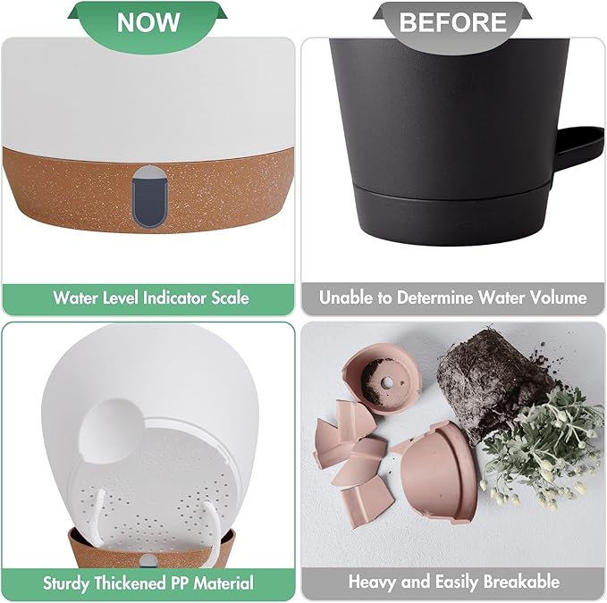 montresor 5-Pack Self-Watering Planters with Wick & Reservoir (5/5.5/6/6.5/7 Inch) – Plastic Indoor Pots with Drainage, Modern White Flower Pot for Violet, Herb