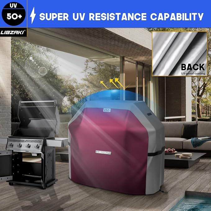 LIBZAKI Grill Cover 420D Waterproof, Weather Resistant, Rip-Proof, Anti-UV, Fade Resistant,Gas Grill Cover for Weber,Char Broil,Nexgrill Grills, etc.60 inches-Fuchsia/Gray