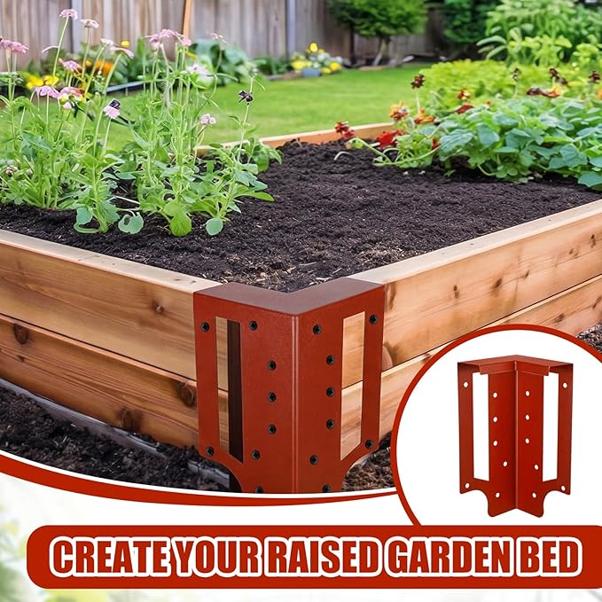 MorningRo 12 Pack Raised Garden Bed Corner Brackets with Securing Lip Fits Lumber up to 2" x 12" Metal Garden Corner Bracket for Wood Frame Bed 4.7" L x 2" W x 10.5" H (Sand Red)